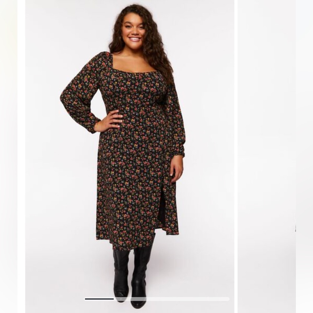 Forever 21 Plus Size Ditsy Floral Midi Dress in Black/Multi